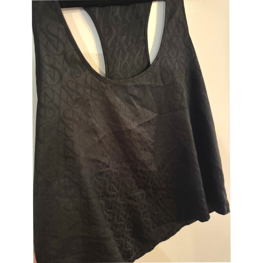 Victoria's Secret Tank Top S Black Monogram Satin Racerback Sleepwear Glam Y2K